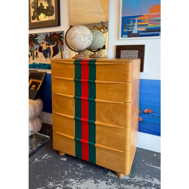 Mid-century Heywood Wakefield Tall Maple Chest, Painted Stripes Offered for sale is a newly refinished and painted 5...