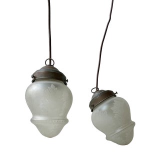 Antique Edwardian Style Etched Glass and Copper Pendant Lights, 1910s, Set of 2 For Sale