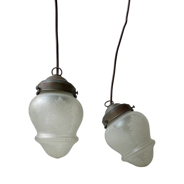 Antique Edwardian Style Etched Glass and Copper Pendant Lights, 1910s, Set of 2 For Sale