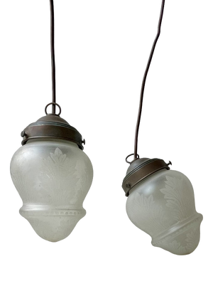 Antique Edwardian Style Etched Glass and Copper Pendant Lights, 1910s, Set of 2