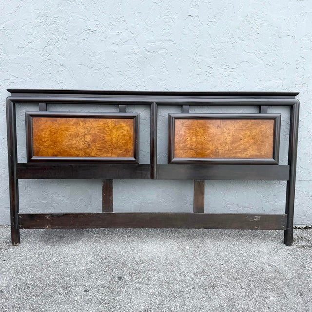 This vintage chinoiserie king size headboard pairs dramatic black framing with two richly figured burlwood panels. Warm...
