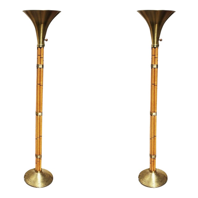 1950s Restored Stacked Rattan Torchère Floor Lamps With Brass Shade, Russel Wright Style - a Pair For Sale