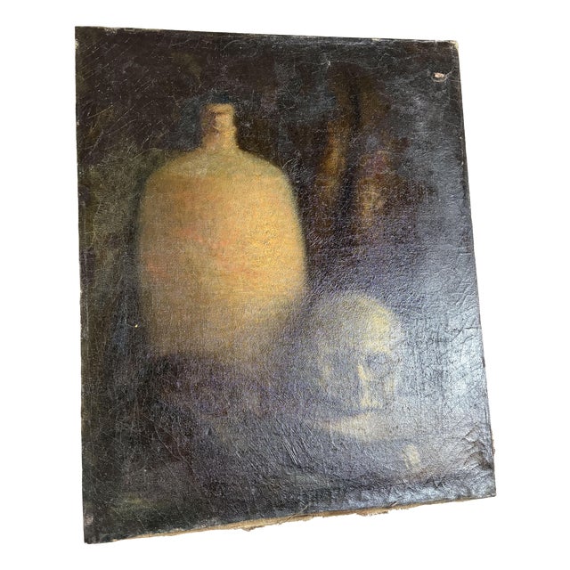 Still Life with Skull & Vase, 19th Century, Oil on Canvas For Sale