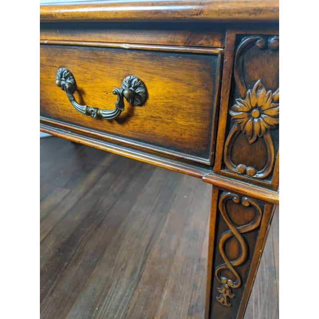 Brown Late 20th Century Theodore Alexander Regency Style Mahogany & Leather Writing Desk With Carved Ribbon Motif Legs For Sale - Image 8 of 18