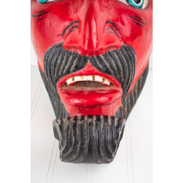 1980s Large Vintage Hand Carved Red Diablo Costume Mask With Beard & Blue Feathers For Sale - Image 5 of 18
