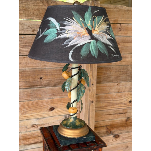 Rustic European Vintage Italian Tole Lemon Table Lamp by Sarreid With Hand Painted Signed Shade For Sale - Image 3 of 12