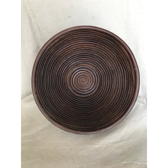 Vintage 70's Coiled Bent Bamboo Pencil ReedBowls A-Set, Dark brown in color, set includes a large bowl 18in round x 3.25in...