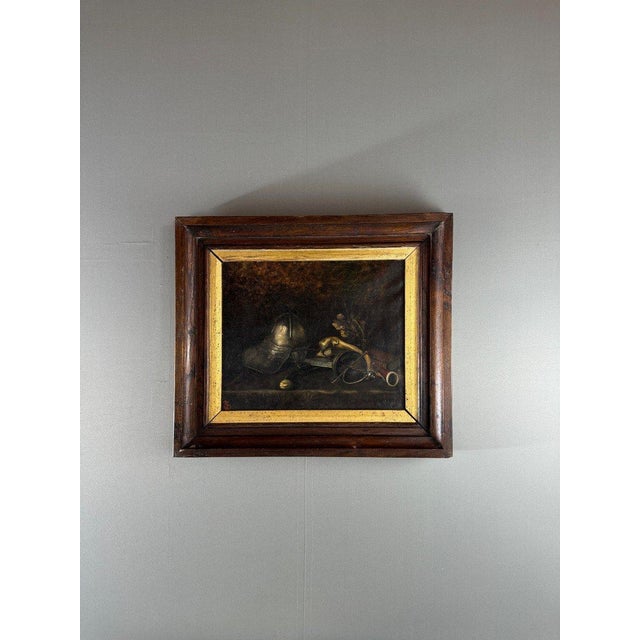 Still Life with Helmet and Antique Objects, 19th Century, Signed A superb 19th-century painting depicting a still life...