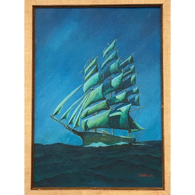 Wood Vintage 1974 Nautical Folk Art Oil Painting on Canvas Board, Signed Beal | Tall Ship Maritime Seascape For Sale - Image 7 of 8