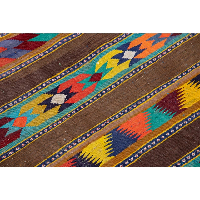 Textile Brown Vintage Kilim Handmade Flatweave Geometric Motif Wool Runner For Sale - Image 7 of 11