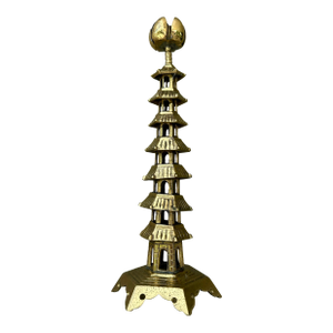 Vintage Chinese Brass Pagoda Temple Candlestick With Lotus Flower Bobeche