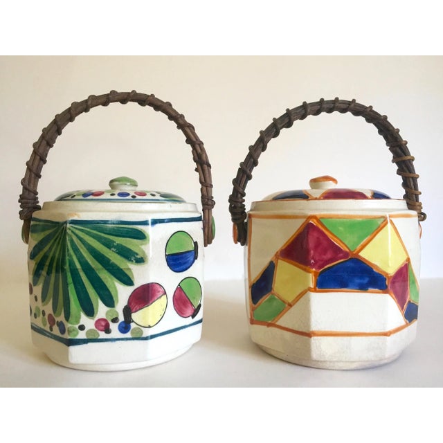 Green Vintage 1930's Art Deco Japan Hand Painted Porcelain Handled Ceramic Biscuit Barrel Jars - Set of 2 For Sale - Image 8 of 13