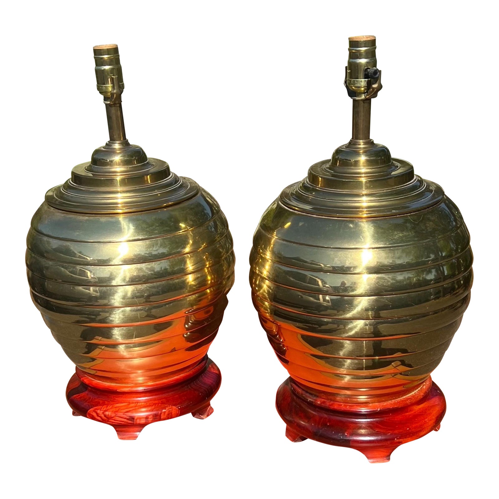 Vintage Brass Beehive Ginger Jar Lamps on Wooden Bases a Pair Chairish