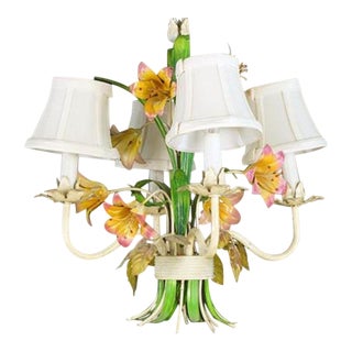 Vintage Four-Arm/Light Italian White and Yellow Color Lilies With Green Foliage White Tole Chandelier For Sale