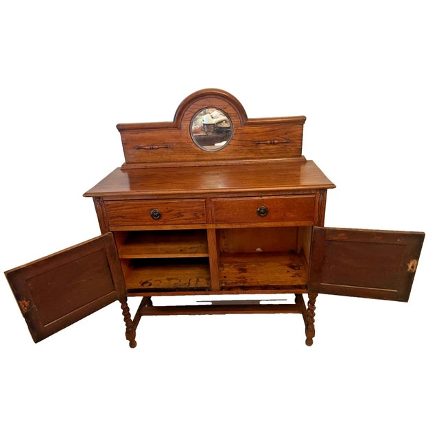 Antique Barley Twist Oak Server Cabinet Sideboard Buffet Console, Beveled Mirror For Sale - Image 4 of 17