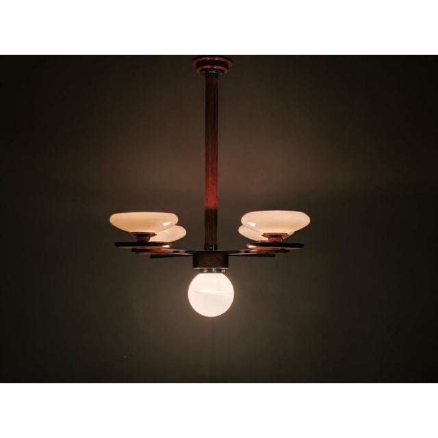 Czech Art Deco Chrome and Opaline Glass Chandelier in Walnut, 1930s For Sale - Image 16 of 17