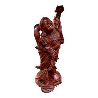 Vintage Chinese Carved Wood Liu Hai Daoist Immortal Rooster Sculpture 11" For Sale