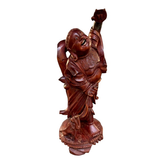 Vintage Chinese Carved Wood Liu Hai Daoist Immortal Rooster Sculpture 11" For Sale