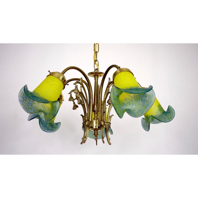 1950s French Brass Pate De Verre Glass Five Light Chandelier, 1950s For Sale - Image 5 of 11