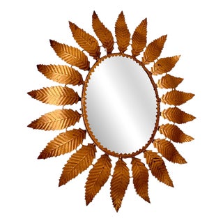 Large Crown Sunburst Mirror in Gilt Metal and Glass, 1950 For Sale