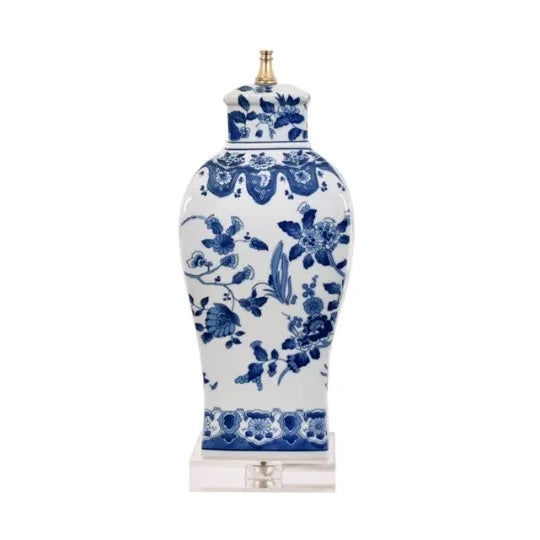 Blue and white Chinoiserie porcelain bird lamp with a lucite base and an off-white shade. Has a 3-way socket. 27.5" to the...