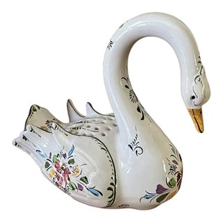 Vintage Hand Painted Ceramic Swan 11" Tall Frog Vase Made in Portugal For Sale