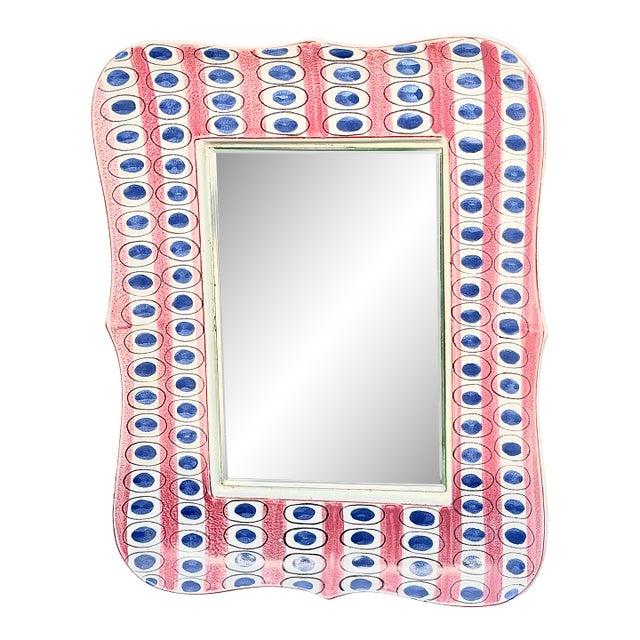 Signed Stig Lindberg Faiance for Gustavsberg Sweden Hand Decorated Ceramic Framed Mirror C. 1940. For Sale