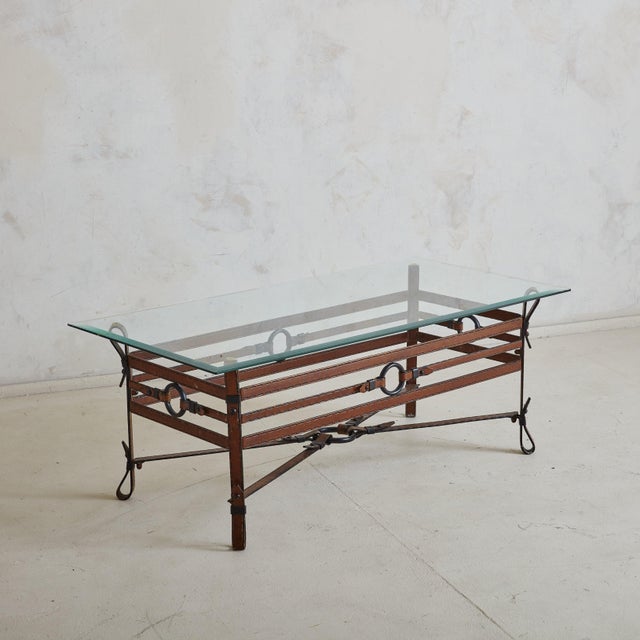 Jacques Adnet Iron + Leatherette Coffee Table with Glass Top in the Style of Jacques Adnet For Sale - Image 4 of 11