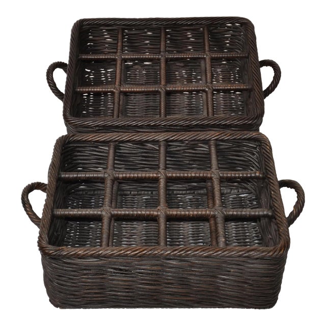 Pair of Boho Chic Wicker Twig Cane 12-Bottles Wine Basket Tray Barware Walnut Finish For Sale