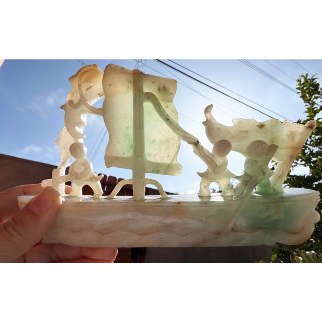This is a beautiful Antique Chinese Late Qing (1850-1899) Heavy Jadeite Jade Boat with “Smooth Sailing” Figures and custom...