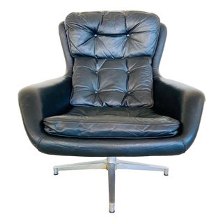 Mid-Century Danish Black Leather Swivel Chair from Dux For Sale