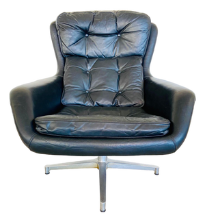 Mid-Century Danish Black Leather Swivel Chair from Dux