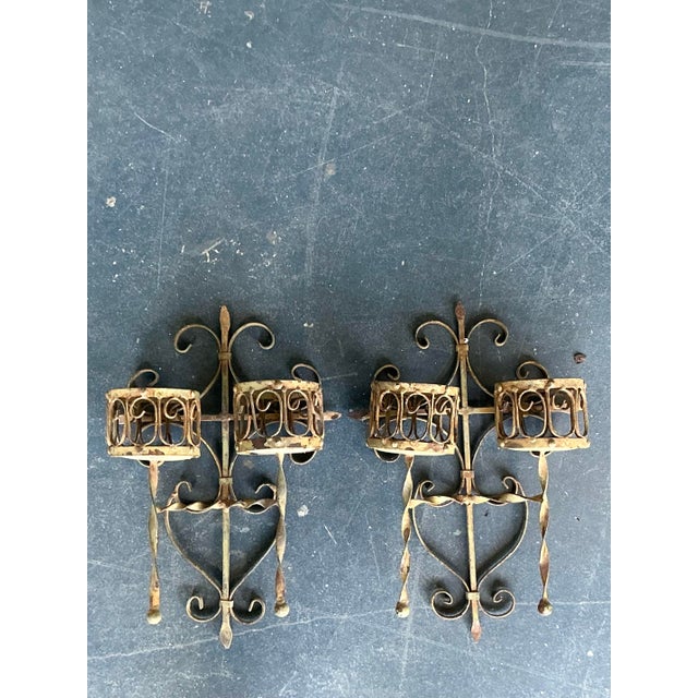 Mid 20th Century Vintage Boho Distressed Wrought Iron Candle Sconces- A Pair For Sale - Image 5 of 12