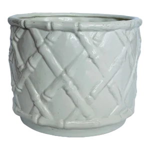 Vintage Hollywood Regency/Palm Beach White Ceramic Faux Bamboo Cache Pot/Planter