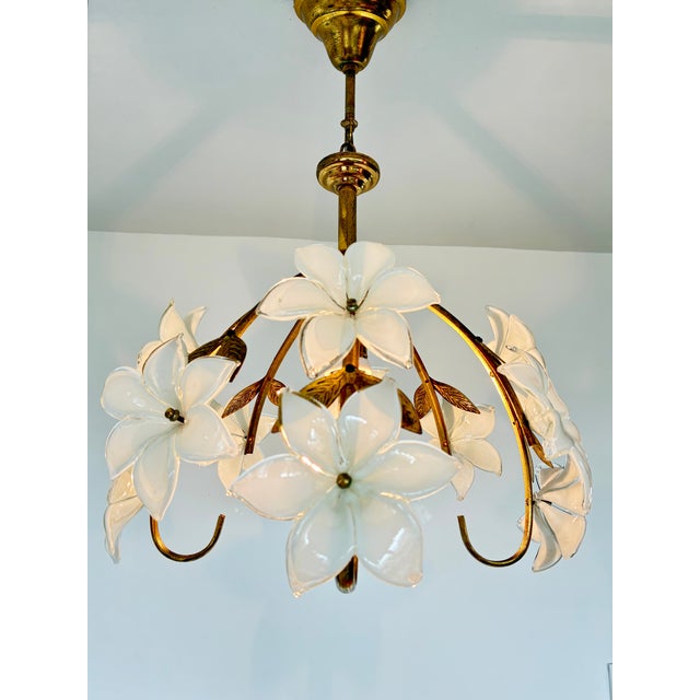 Pair Match Vintage Murano Style Glass Daisy Chandelier With Handcrafted White Floral Details For Sale - Image 10 of 13