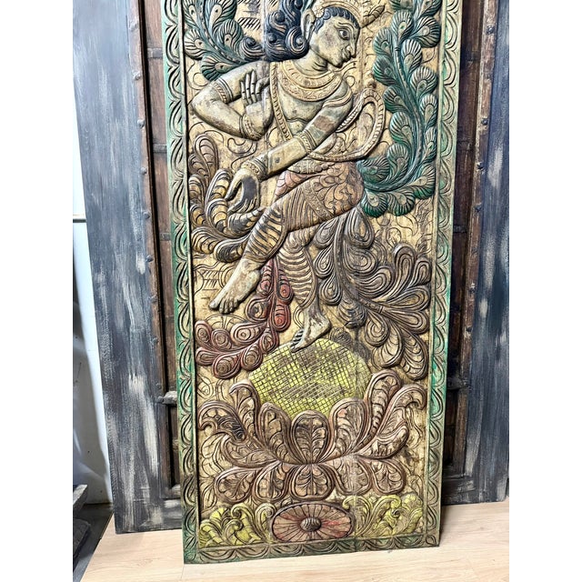 Wood Vintage Colorful Dancing Krishna Carved Wood Door – Handcrafted Indian Art Wall Panel 83x36 For Sale - Image 7 of 8
