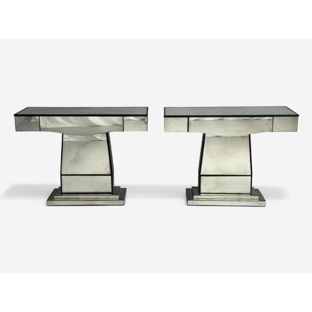 Art Deco Style, Mirrored Console Tables, Painted Wood, Distressed Glass For Sale - Image 4 of 15