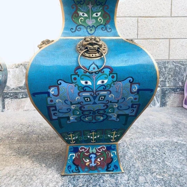 Pair of Monumental Vintage Cloisonné Enamel Fang Zun Vases – Beast Mask & Archaic Motif For Sale - Image 9 of 9