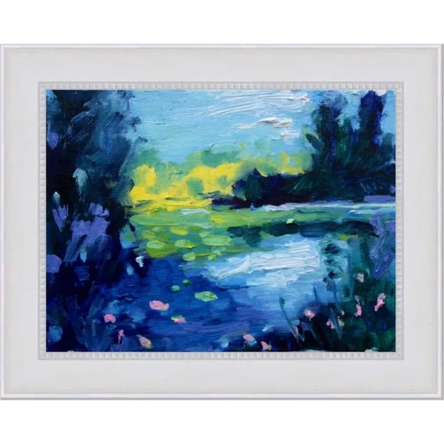 Quiet Places & Water Gardens — Sunlit Trees Beyond the Pond Original oil painting by L. Haas, 8 x 6 in unframed linen...