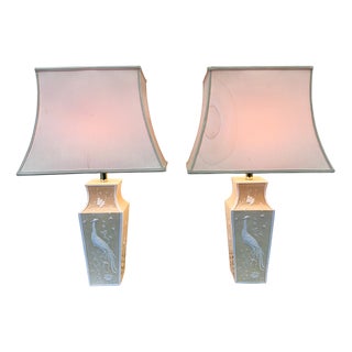 Large Cream Ceramic Table Lamps with Relief Peacocks and Fabric Shades, Set of 2 For Sale