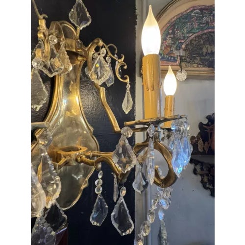 Pair of 1980s Contemporary Rococo Style Brass and Crystal Bi Level Three Light Sconces For Sale - Image 10 of 12