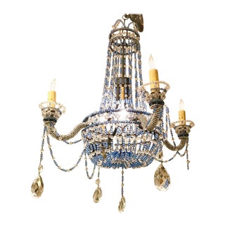 Venetian Blue Beaded Glass and Crystal Four-Arm Chandelier For Sale