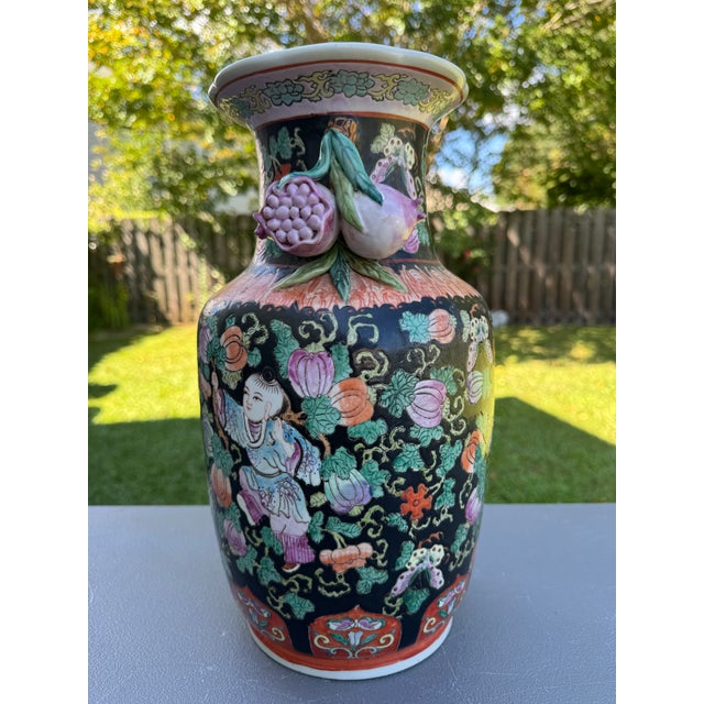 Vintage Chinese Ceramic Vase W/Butterflies, Flowers & Pomegranate Fruit Handles For Sale - Image 16 of 16