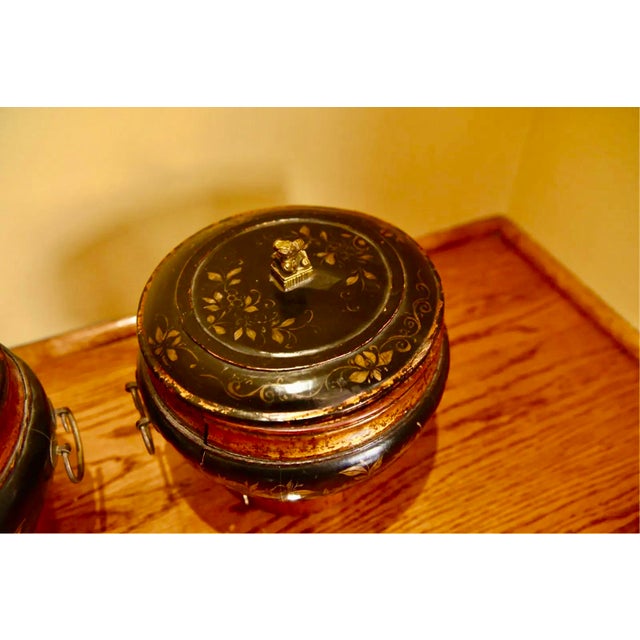 Antique Chinese Lacquered Wooden Lidded Storage Vessels—A Pair For Sale - Image 4 of 11