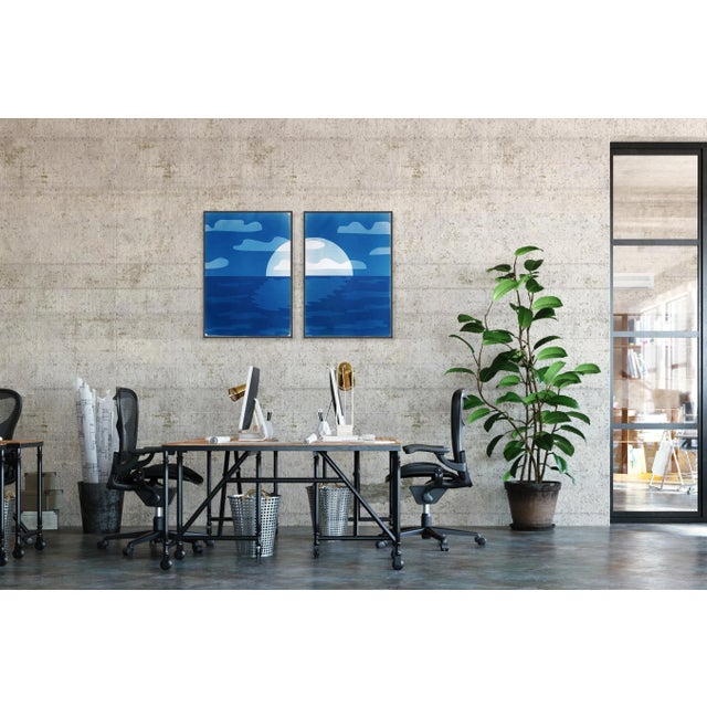Blue 2025, Desert Modernism Landscape, Large Diptych, Sunset Over Sea, Monotype Cyanotype on Watercolor Paper by Kind of Cyan For Sale - Image 8 of 9
