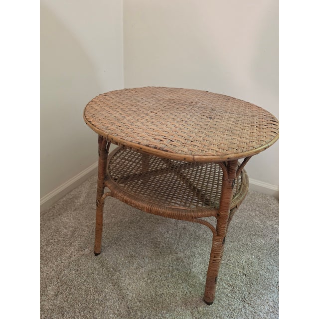 Antique American 2-Tier Woven Wicker Parlor Table With Metal Boot Feet For Sale - Image 12 of 15