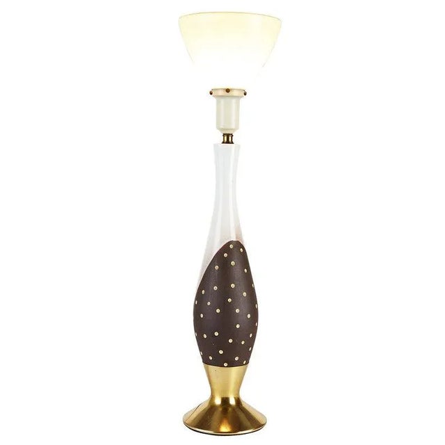 1950s Tall Brown Dots Porcelain Table Lamp With Torchiere Shade For Sale - Image 5 of 5