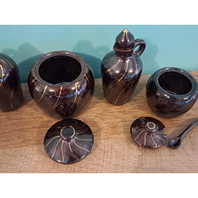 Ceramic Mid-Century Modern Brown With Gold Accent Condiment Set of 6 Fred Roberts Company For Sale - Image 7 of 15