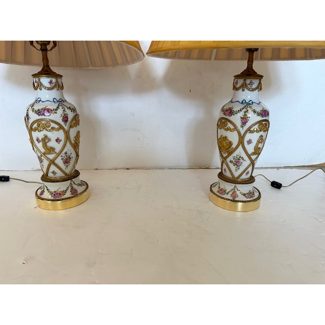 Vintage Porcelain Painted Table Lamps With Brass Overlays -A Pair For Sale In Philadelphia - Image 6 of 12