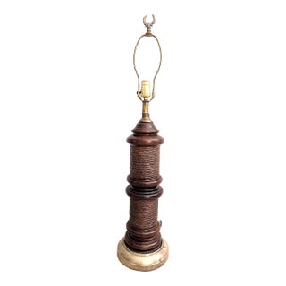Vintage Turned Wood Column Lamp With Rush Accent 70s For Sale